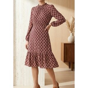 Ann Taylor Factory Burgundy Floral Mock Neck Long Sleeve Dress 12 Petite NEW